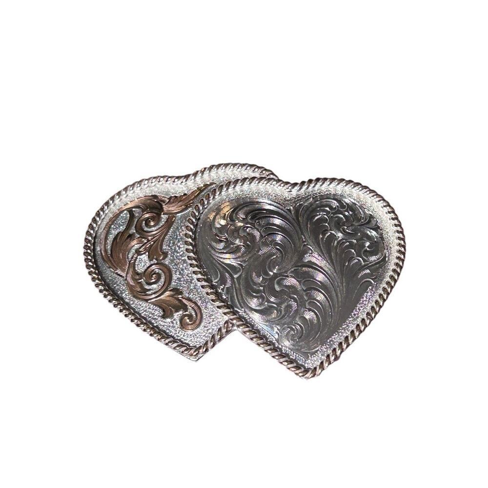 Vintage Montana Silversmith Double Heart Filagree Belt Buckle Teens Ladies Kids